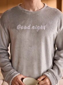 Manfinity Underwear&Sleepwear Basics 两件套圆领字母刺绣长袖上衣和格子裤法兰绒男士蓬松睡衣套装（灰色格子，柔软舒适家居服），秋冬服装，舒适保暖