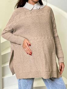 SHEIN 孕妇扭纹圆领蝙蝠袖长袖休闲毛衣，侧开衩下摆，秋冬 - 卡其色 - 查看 5