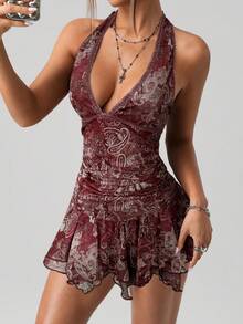 SHEIN ICON Halter Vintage Contrast Color Paisley Print Bodycon Ruched Asymmetric Hem Mini Dress,Dresses For Women Party - Burgundy - View 6