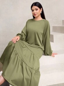 Graceveil Women's Casual Crew Neck Raglan Sleeve Layered Ruffle Hem Long Sweatshirt, Green - Green - View 6