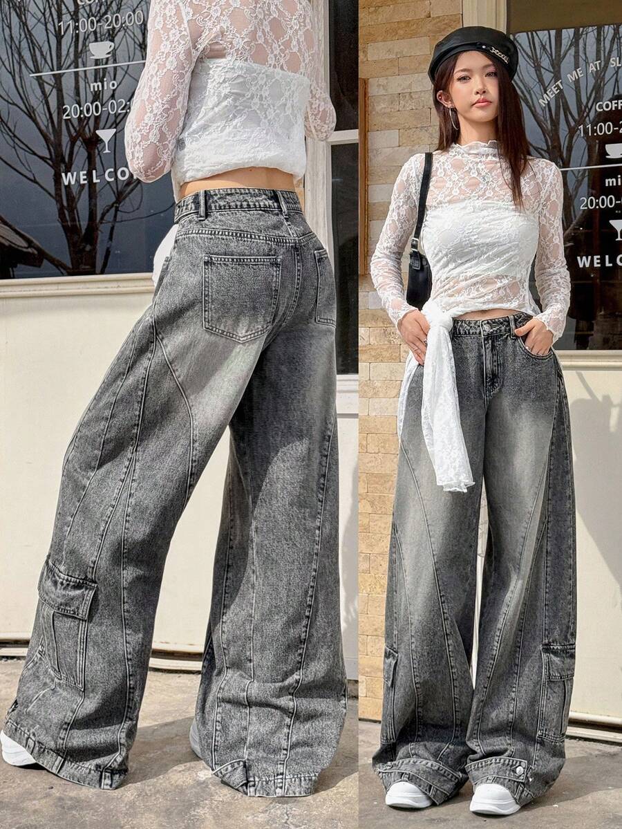 Rivivi 女式直筒宽松时尚百搭休闲低腰阔腿牛仔裤 - 灰色 - 查看 1