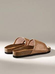 女士时尚黑色平底凉鞋，夏季沙滩度假休闲拖鞋 - 棕色 - 查看 4