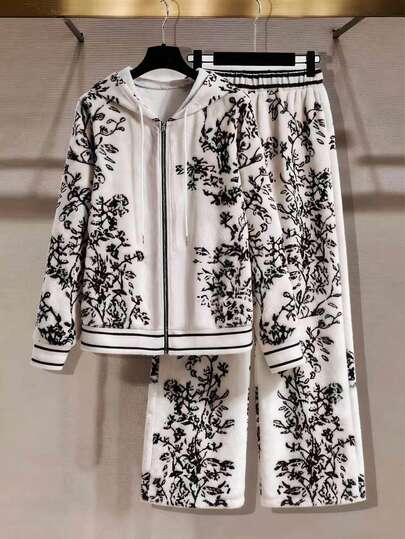 INAWLY 2 件套女式复古印花长袖拉链开衫夹克和宽松长裤套装，秋冬装