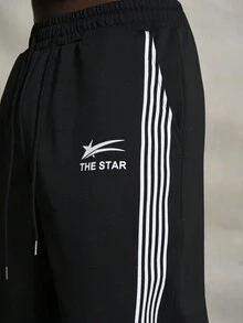 PAVTROS 宽松男士标语图案印花抽绳腰运动裤，度假宽松抽绳运动裤，适合送给丈夫、男朋友的礼物，适合返校季 - 黑色 - 查看 3