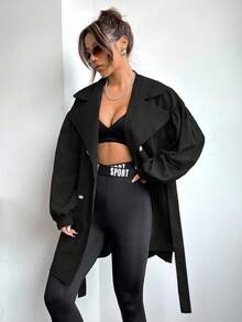 SHEIN EZwear 秋季大码休闲纯色双排扣风衣 - 黑色 - 查看 5