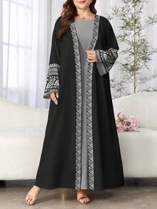 SHEIN Najma 女士优雅几何花卉印花黑色长袖休闲阿拉伯长袍，适合春秋季节 - 彩色 - 查看 1