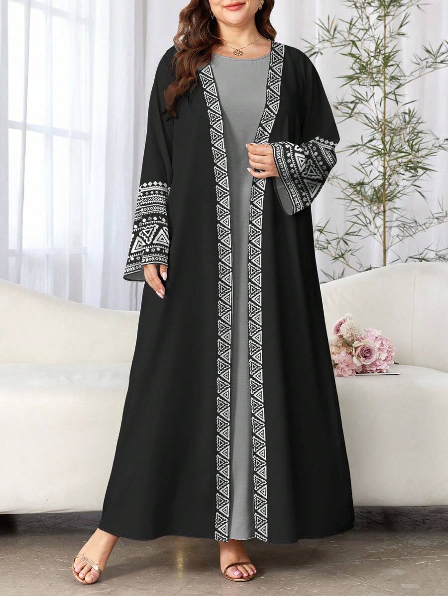 SHEIN Najma 女士优雅几何花卉印花黑色长袖休闲阿拉伯长袍，适合春秋季节 - 彩色 - 查看 1