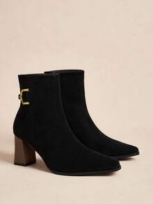 D-Ring Buckle Ankle Boots | Suede & Matte Leather Blend | 2" Chunky Heel | Pointed-Toe Elegance | 2 Pairs, Premium Leather-Look - Black - View 5