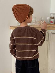Hapijoa Young Boy Striped Round Neck Drop Shoulder Long Sleeve Casual Loose Sweater, Autumn/Winter - Brown - View 5