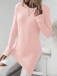 EMERY ROSE Women's Solid Color Round Neck Drop Shoulder Long Sleeve Split Hem Casual Versatile Knit Pullover Sweater - Pink - View 5