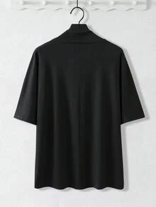 Claim Dot Men Summer Casual Loose Draped Neck Solid Color Plain Short Sleeve T-Shirt, Boyfriend Gift, For Going Out, For Fall - Black - View 3