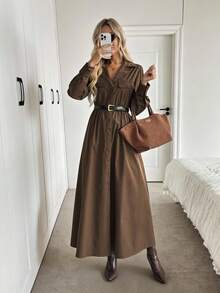 Easowa Collared Double Pocket Pleated Waist A-Line Midi Dress, Button Front Long Sleeve Casual Loose Commuter Vintage Style Dress For Women Brown Dress Women Long Sleeve Dress Brown Button Down Dress Long Brown Dress Chocolate Brown Dress