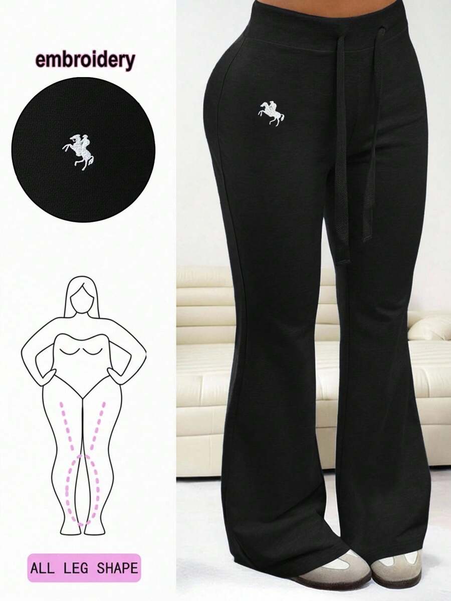 Solflare 大码休闲百搭骑士刺绣喇叭裤 - 黑色 - 查看 1