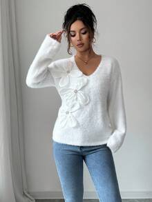 SHEIN Elenzya V-Neck Long Sleeve 3D Pearl Flower Women Sweater - Beige - View 7