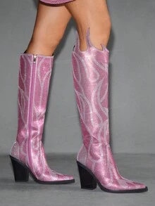 Glitzique Stivali alti da donna con decorazione a fiamma di strass, adatti per occasioni di festa