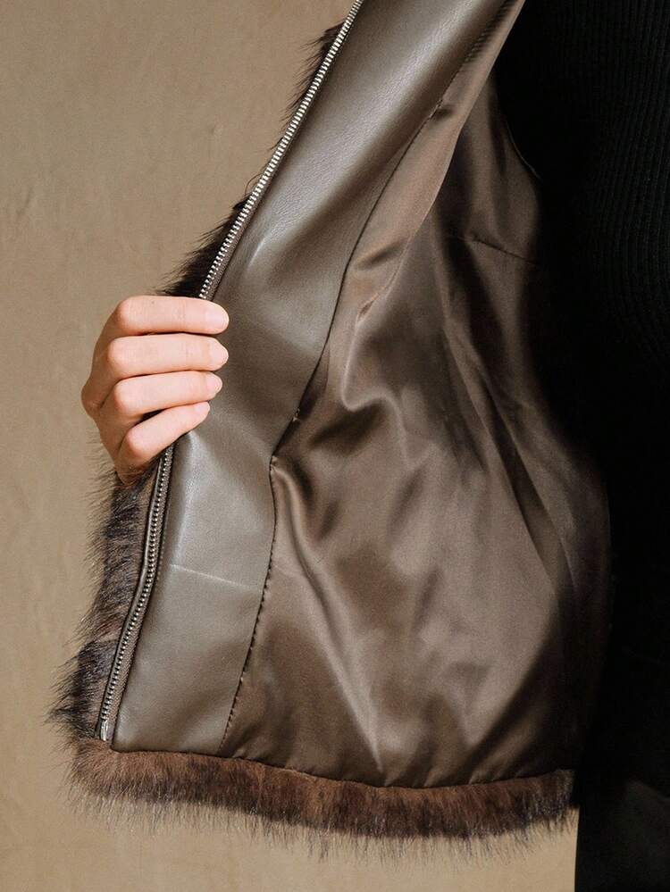 Plus Size Women's Faux Fur Hooded Jacket,Brown Winter Elegant Dinner Coat For Autumn,Fall,,Formal,Party,Chic,New Year,Christmas,Work,Wedding