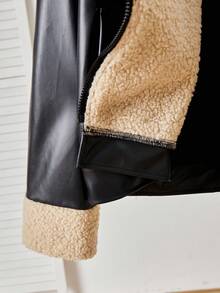 少女休闲百搭仿皮夹克，羊羔绒领口和袖口，下摆银色按扣，适合秋冬外出，可搭配长袖上衣、裤子、运动裤 - 黑色 - 查看 14