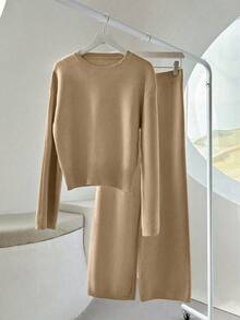 EMERY ROSE New Fashion Autumn/Winter Round Neck Fluffy Loose Casual Slouchy Knitted Wide Leg Pants & Sweater 2 Pieces Set - Brown - View 4