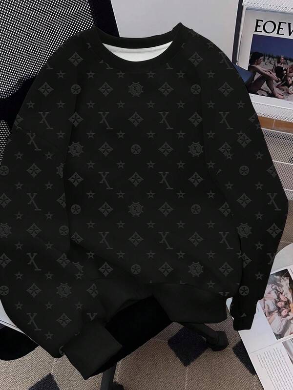 Manfinity Dauomo Herren Allover-Muster Langarm Lässig Pullover Rundhals Sweatshirt, Herbst