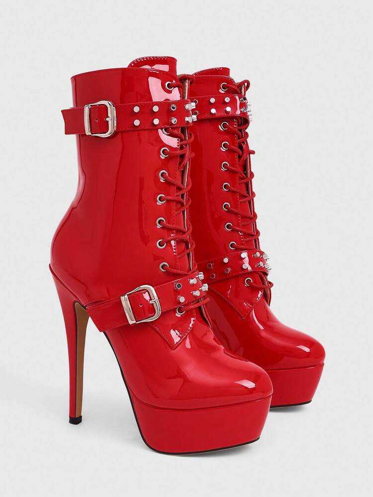 CUCCOO LuxiPop Sexy Fashion Rivet Decor Bucket Heel Round Toe High Platform Casual Versatile Side Zipper Red Women Mid-Calf Boots