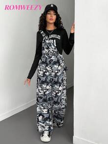 Teenager Girls Spring & Autumn Casual Knit Letter & Number Digital Print Long Sleeve Round Neck Slim Fit T-Shirt And Woven Camouflage Print Detachable Suspender Jumpsuit Outfit, 2pcs Set - Army Green - View 3