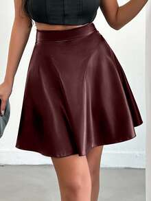 SHEIN Cottnline Women's Solid Color High Waist Skirt, Suitable For Work - Burgundy - View 3