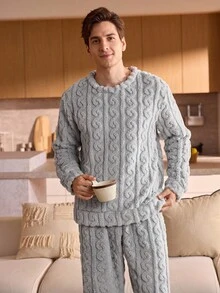 Manfinity Underwear&Sleepwear Basics 男士两件套抓绒圆领长袖上衣和裤子，蓬松睡衣套装，冬季、秋季保暖舒适