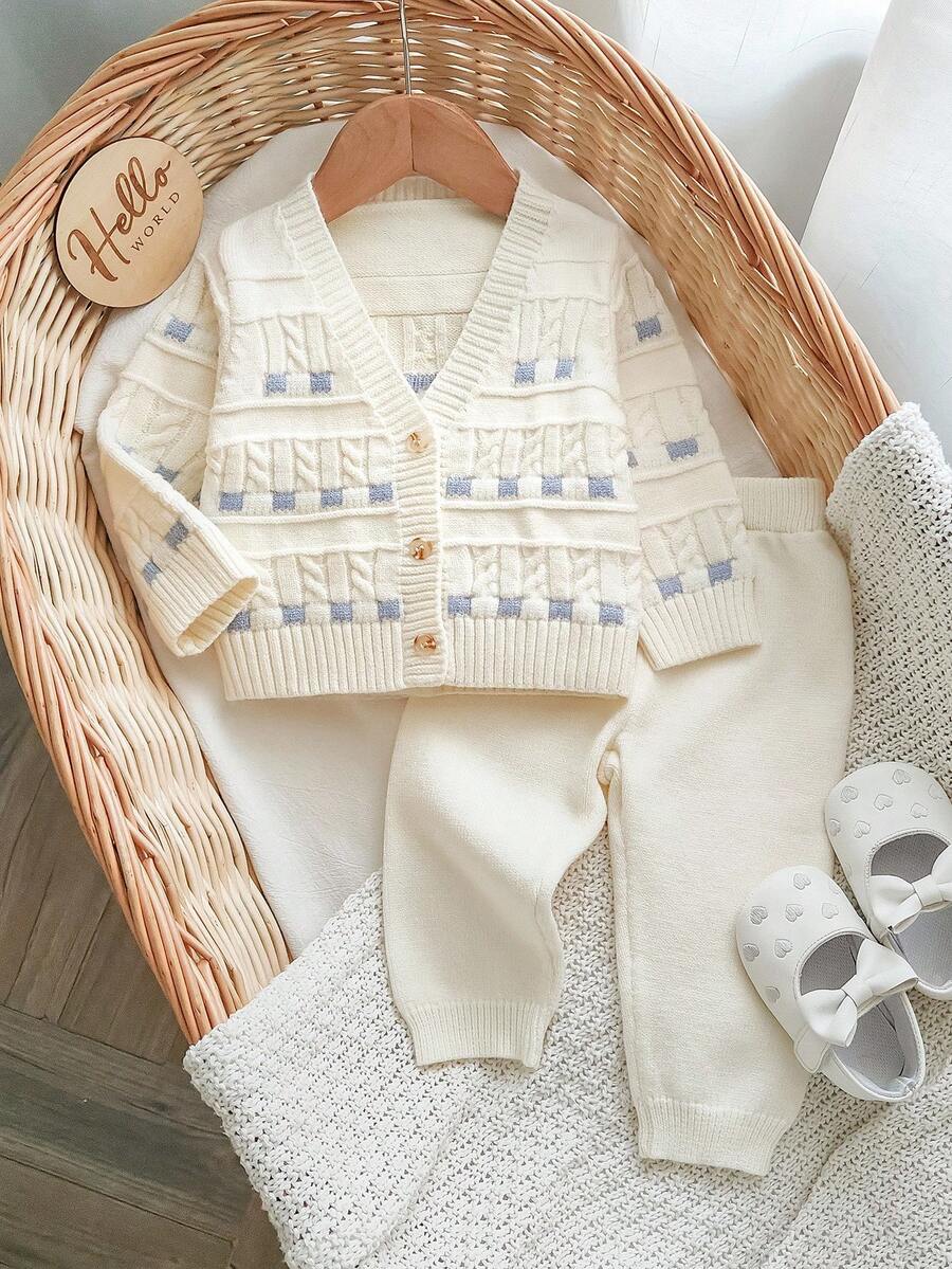 SHEIN Bộ áo dài tay phối màu tươi tắn, quần dài màu trơn, áo len cho bé trai mới biết đi - Xanh và trắng - Xem 1