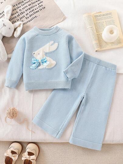 SHEIN Vintaside Kids Baby Girls 2pcs Sweater Co-Ord Set - Knitted Long Sleeve Pullover Sweater With Rabbit Jacquard Pattern & Bow Accent + Wide Leg Knit Pants, Fashionable & Cute Outfit For Autumn/Winter, Suitable For Casual, Home, Travel, School Baby Set Autumn Winter Season Baby Knitted Set Baby Girl Warm Sets Baby Two Piece Set Knit Two Piece Toddler