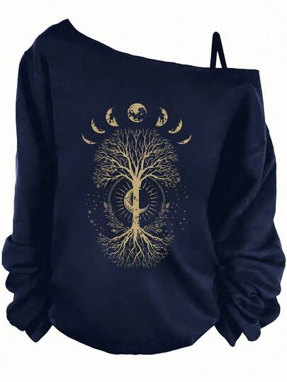 SHEIN Essnce Áo thun nữ tay dài dáng suông, bất đối xứng, họa tiết Mandala ngôi sao, mặt trăng, cây cối, phong cách retro, lấy cảm hứng từ bài Tarot, chủ nghĩa thần bí, phong cách boho, thích hợp cho giáo viên, mùa thu, đi học, trang phục thu đông thanh lịch.