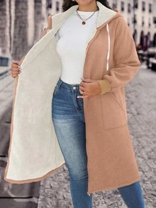 SHEIN LUNE 秋冬季加大码保暖内衬连帽拉链长袖夹克 - 棕色 - 查看 3