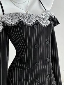 Elamini 1pc Black & White Striped Off Shoulder Splice Contrast Color Lash Lace Sexy Elegant Casual Long Sleeve Dress For Women, Autumn/Winter