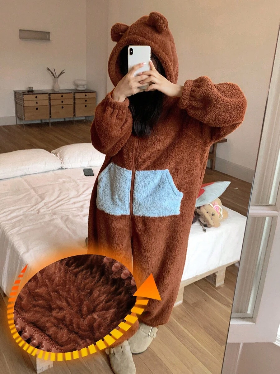 DAZY 加厚抓绒连帽耳罩设计女式连体衣，蓬松柔软，适合冬季和秋季穿着。 - 鏽棕色 - 查看 1