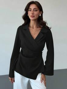 Aloruh Women's Solid Color Wrap Flare Sleeve Blouse, Suitable For Commuting,Black Tops - Black - View 3