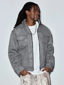 MODCRASH Men Flap Pocket Zip Up Suedette Jacket - Light Grey - View 4