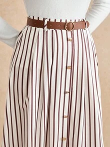 Écloséra 休闲时尚百搭弹性腰带搭配棕色皮带百褶长裙 - 咖啡棕 - 查看 6