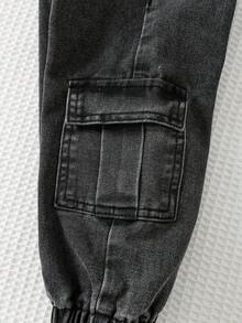 Cozy Pixies Baby/Toddler Unisex Black Casual Cargo Pants With Elastic Waist, Side Pockets And Cuffed Hem Fall Winter - Black - View 6