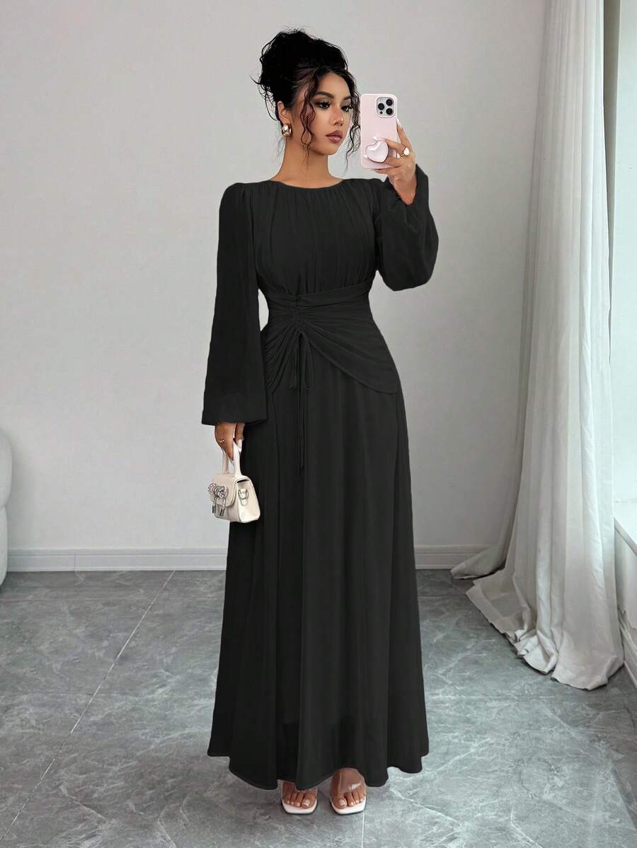Elenzga Damen Frühling/Sommer Französisch Romantisch Sizilien Elegantes Lässig Pendler Urlaub Nachmittags-Tee-Party Rundhals Geraffter Taille Kordelzug A-Linie Elastischer Bund Maxikleid mit Langarm - Schwarz - Übersicht 1