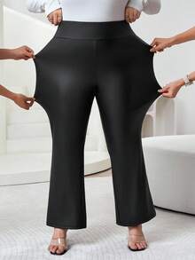 SHEIN CURVE+ Damen Große Größen Schwarze High Waist Weite Bein Schlaghose, modische Lässig Hose für Herbst/Winter - Schwarz - Übersicht 1