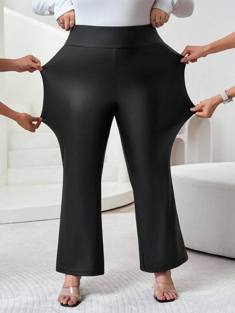 SHEIN CURVE+ Damen Große Größen Schwarze High Waist Weite Bein Schlaghose, modische Lässig Hose für Herbst/Winter - Schwarz - Übersicht 1