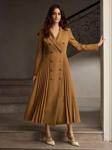 ZEYLAH 新款秋季女式长袖修身双排扣百褶职业连衣裙 - 咖啡 - 查看 5