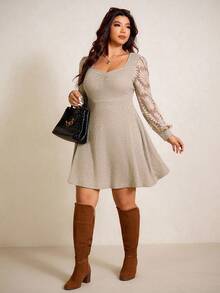 Elaquor Plus Size Elegant Romantic Lace Patchwork Sweetheart Neck Knitted Stretchy Solid Color Knee-Length Dress For Women Spring