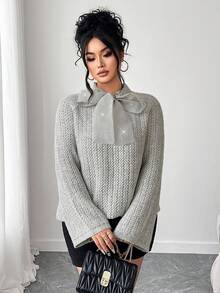 SHEIN Elenzya Soft & Fluffy Gray Sweater + Bow, Gorgeous For Autumn/Winter! - Light Grey - View 7