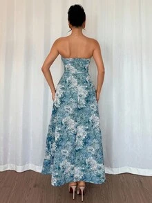 Rafferiza 女式夏季束腰蓝色雏菊印花抹胸优雅吊带裙