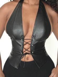 Alexandranx Tops de salida de piel sintética, top corto con cuello halter y cordones al frente, estilo boho, elegante y sexy para vacaciones, salidas nocturnas y fiestas - Negro - Ver 5