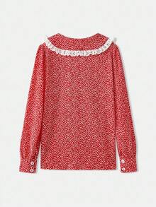 lacRébo Vintage Red Floral Print Blouse With Oversized Lace-Trim Collar And Long Sleeves Spring Women Spring Spring Summer New Year - Red - View 7