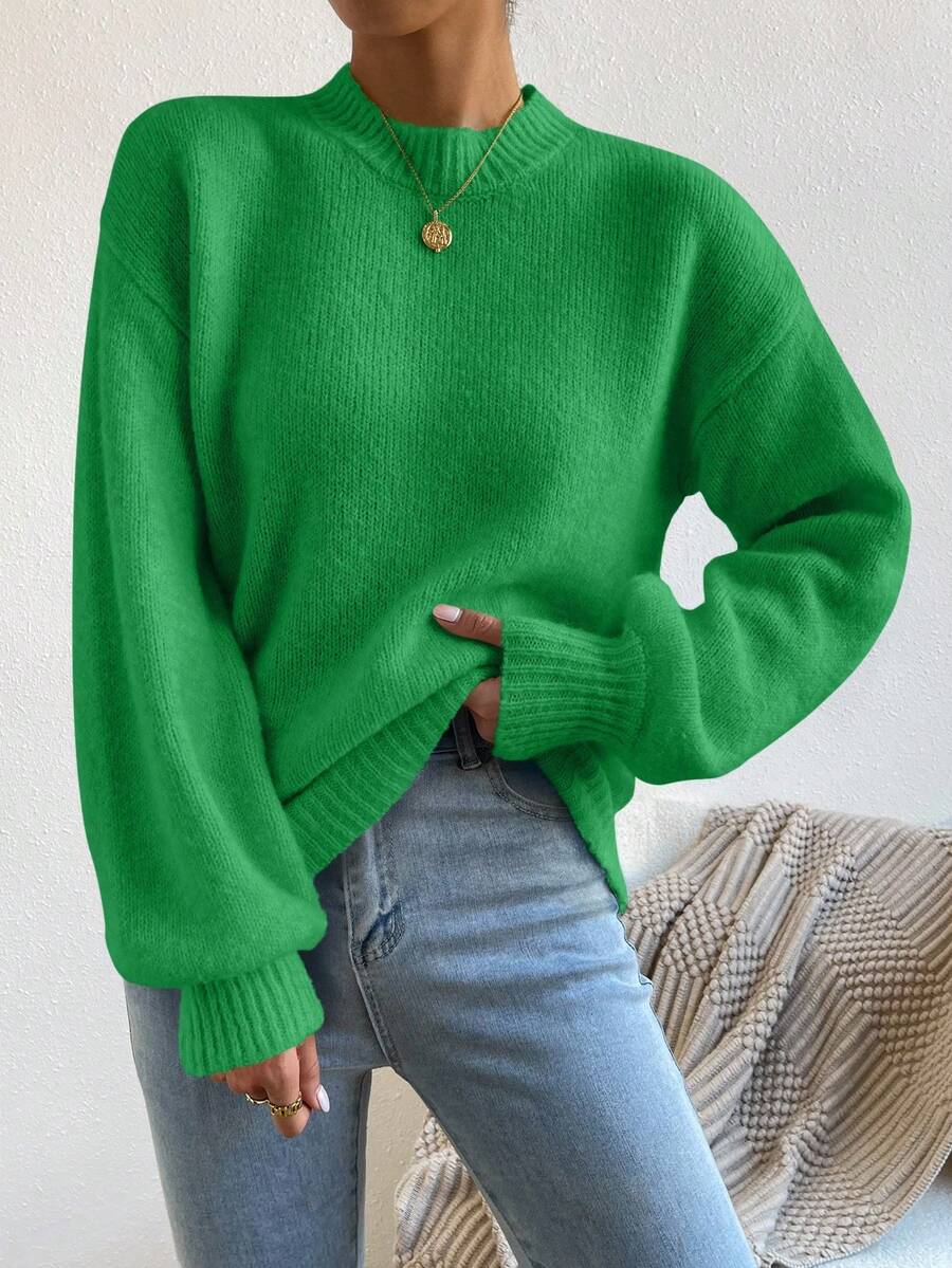 EMERY ROSE Women's Green Round Neck Lantern Sleeve Wool Blend Pullover Sweater - Green - View 1