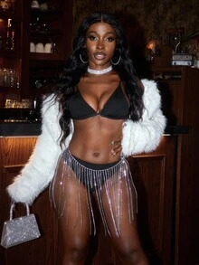 BamGleam Women's Fashionable Party Sexy Diamond Tassel Mini Skirt Rhinestone Skirt Rave Skirt Beaded Bikini Rhinestone Bikini Fringe Bikini - Silver - View 2