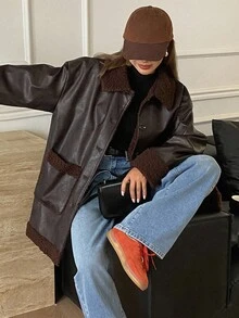 DAZY 女士翻领大口袋人造毛皮内衬常规款夹克，秋冬季女士皮夹克外套 - 咖啡棕 - 查看 4