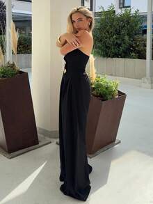 Siren Gaze Women's Solid Color Off-The-Shoulder Metal Button Ruched Elegant Jumpsuit, Sexy Elegant Commuter Wide-Leg Pants, Spring/Summer Clothing, Commuting, Elegant, Sexy, Music Festivals, Romantic, Dating, Parties, Wedding Season, Graduation Outfit, Graduation Prom, Performance Costume, Concert, Work Attire